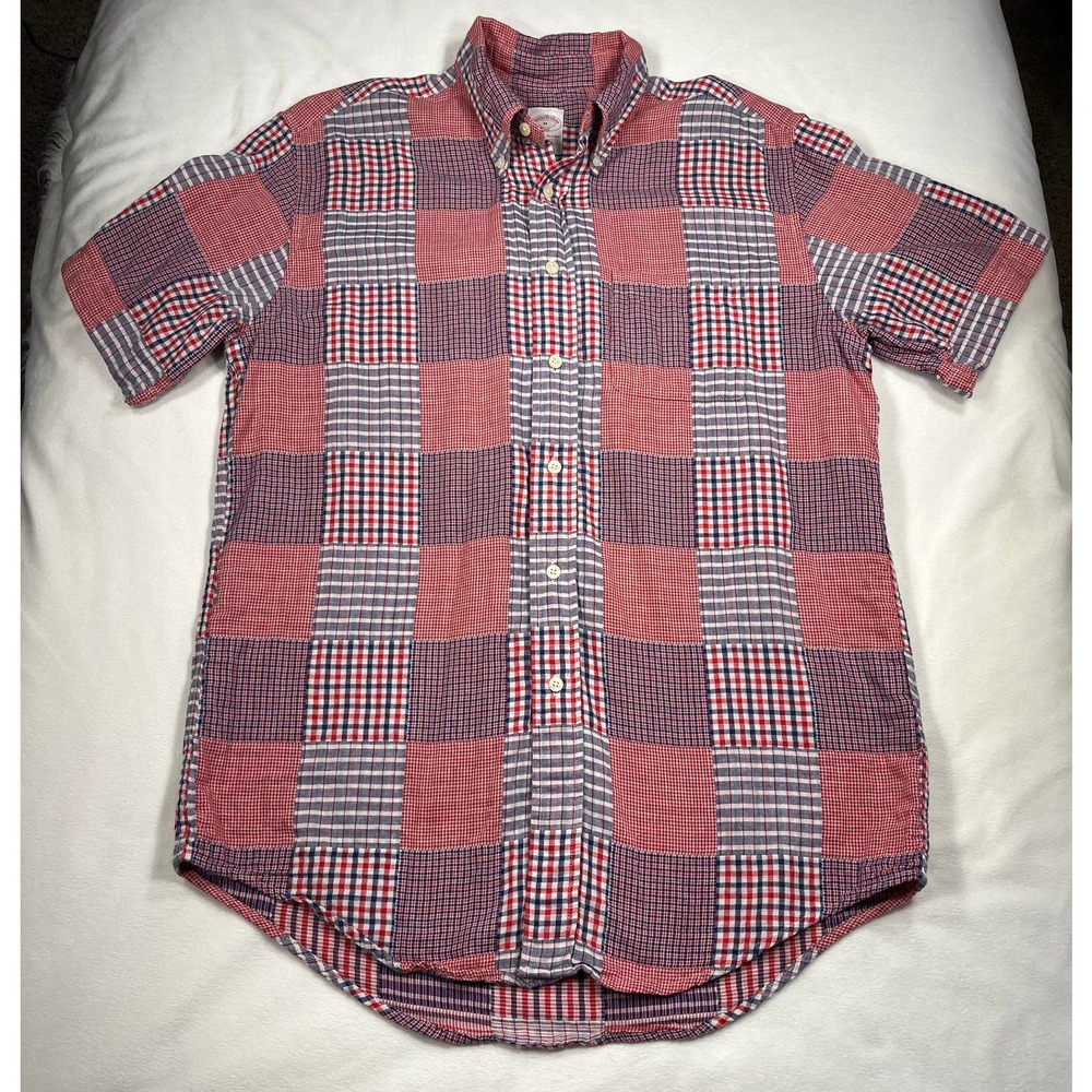 Brooks Brothers 346 Men's Patchwork Plaid Button-Up Polo Shirt Size M Multicolor